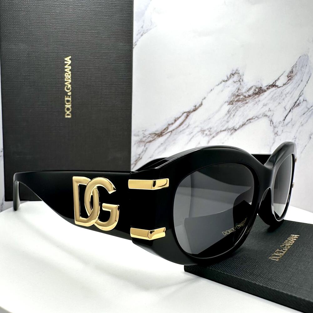 New Dolce & Gabbana Sunglasses Black Oval Acetate Gold Metal DG Gray Lens